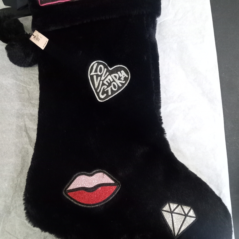 Victoria Secret Black Faux Fur Christmas Stocking NEW